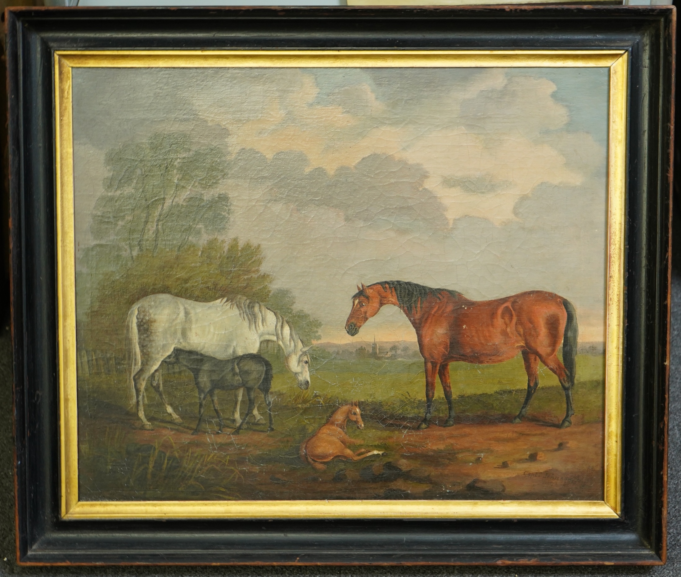 Captain S. Johnson (Early 19th C.), Stallion, mares and foals in a landscape, oil on canvas, 42 x 51cm